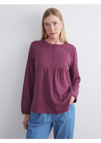 Yeni Sezon Bisiklet Yaka Nakışlı Bluz