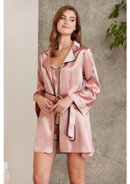 7200 Saten 4'lü Gecelik&sabahlık Büstiyerli Şort Takım