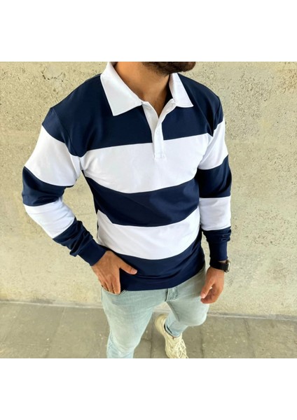 Erkek Polo Yaka Uzun Kollu Çizgili Sweatshirt Trend Rugby Stil modelleri