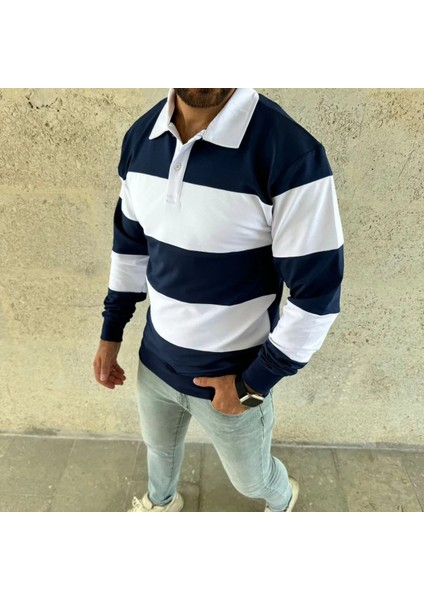 Erkek Polo Yaka Uzun Kollu Çizgili Sweatshirt Trend Rugby Stil fırsatları