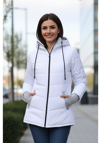 Günlük Su Geçirmez Kışlık Eldivenli Kadın Şişme Beyaz Mont