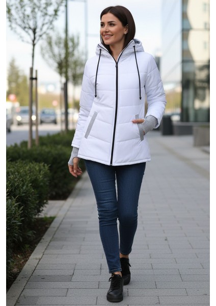 Günlük Su Geçirmez Kışlık Eldivenli Kadın Şişme Beyaz Mont modelleri