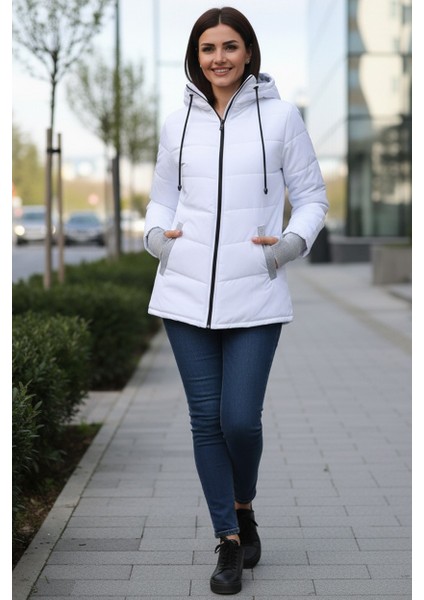 Günlük Su Geçirmez Kışlık Eldivenli Kadın Şişme Beyaz Mont fırsatları