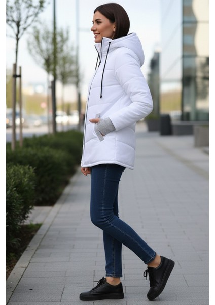 Günlük Su Geçirmez Kışlık Eldivenli Kadın Şişme Beyaz Mont indirimleri
