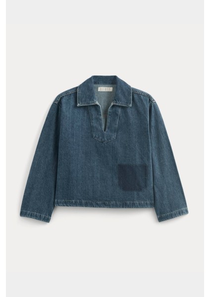 V Yaka Yama Cep Detaylı Oversize Denim Üst - Yıkamalı Kot Üst fiyatları