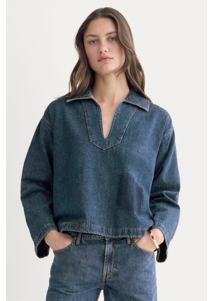V Yaka Yama Cep Detaylı Oversize Denim Üst - Yıkamalı Kot Üst modelleri