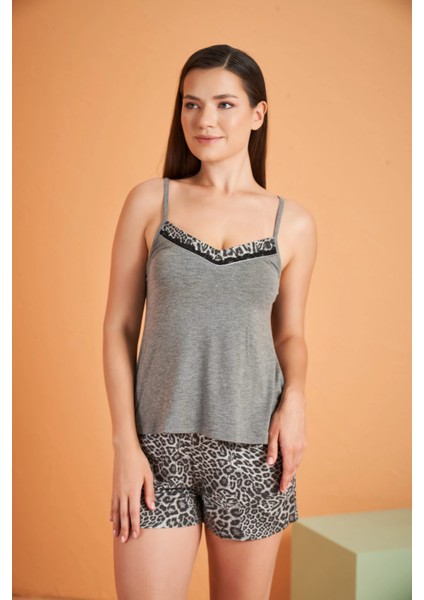 Pjs 28043 Kadın Ip Askılı Leopar Desenli Şort Takım fiyatları