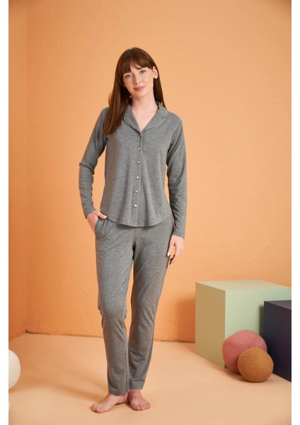 Pjs 28049 Kadın Uzun Kol Önü Düğmeli Pijama Takım
