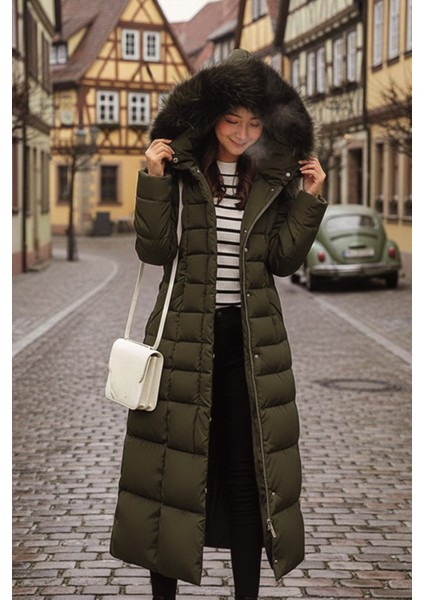 Kışlık Tam Boy Kürklü Şişme Kadın Mont