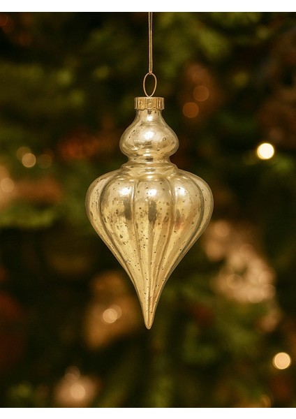 Yılbaşı Ağaç Süsü Antik Efektli Sarkıt Su Damlası Şekilli Asılabilir Dekoratif Süs Altın 24 cm
