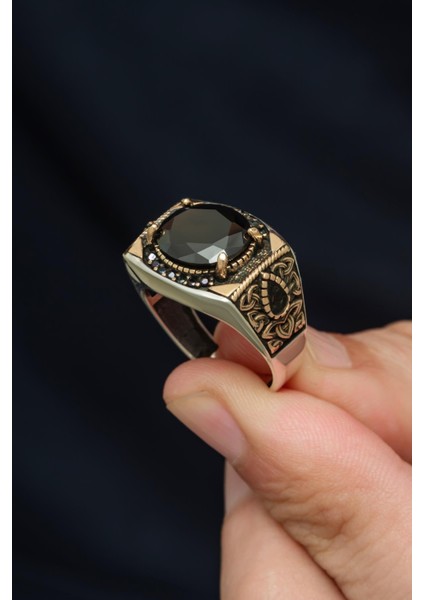 Siyah Taşlı 925 Erkek Gümüş Serçe Parmak Yüzüğü