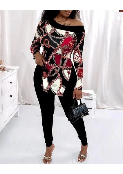 Kadın Uzun Kollu Zincir Desen Tek Omuz Düşük Mikro Bluz fırsatları