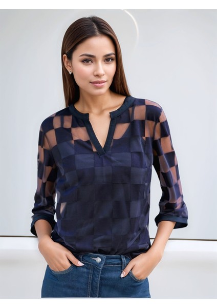 Kadın V Yaka Kare Desenli Şifon Truvakar Kol Astarlı Tasarım Şık Büyük Beden Curve Bluz