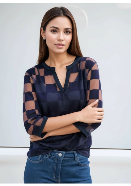Kadın V Yaka Kare Desenli Şifon Truvakar Kol Astarlı Tasarım Şık Büyük Beden Curve Bluz fiyatları
