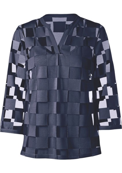 Kadın V Yaka Kare Desenli Şifon Truvakar Kol Astarlı Tasarım Şık Büyük Beden Curve Bluz fırsatları