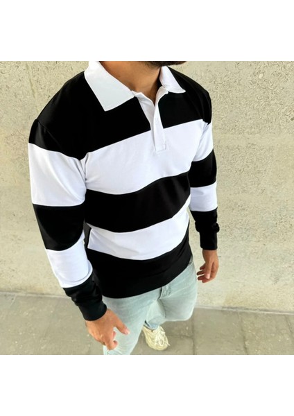 Erkek Polo Yaka Uzun Kollu Çizgili Sweatshirt Trend Rugby Stil fırsatları