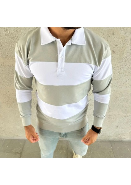 Erkek Polo Yaka Uzun Kollu Çizgili Sweatshirt Trend Rugby Stil fiyatları