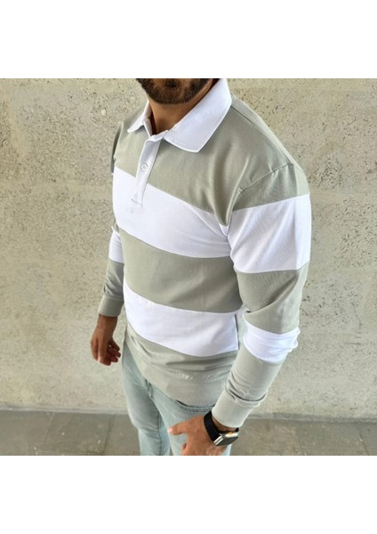 Erkek Polo Yaka Uzun Kollu Çizgili Sweatshirt Trend Rugby Stil modelleri