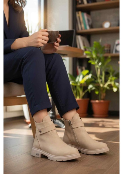 Bej Nubuk Kürklü Kadın Topuklu Bot modelleri