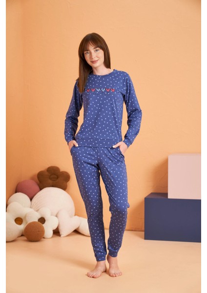 Pjs 28081 Kadın Uzun Kol Yuvarlak Yaka Kalpli Pijama Takım