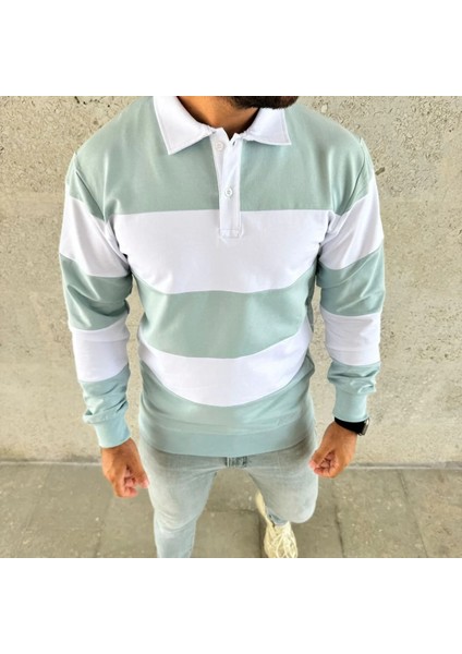 Erkek Polo Yaka Uzun Kollu Çizgili Sweatshirt Trend Rugby Stil fiyatları