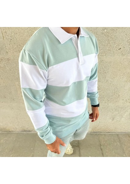 Erkek Polo Yaka Uzun Kollu Çizgili Sweatshirt Trend Rugby Stil modelleri