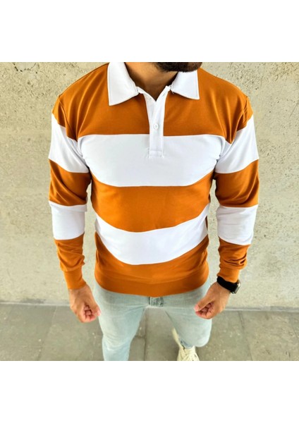 Erkek Polo Yaka Uzun Kollu Çizgili Sweatshirt Trend Rugby Stil fiyatları