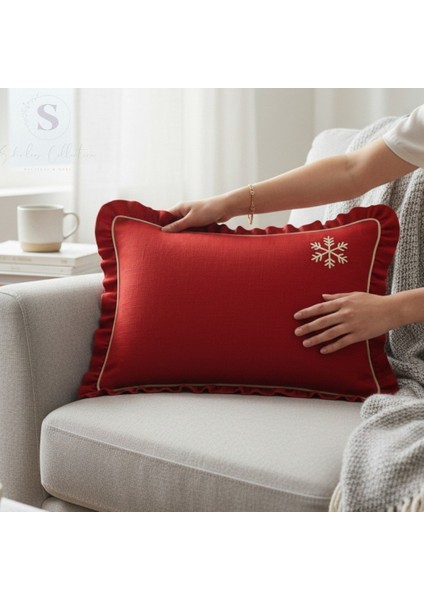 Nakışlı Kırmızı Buldan Keteni Yastık Kılıfı (50X70) 1 Adet Dolgusuz