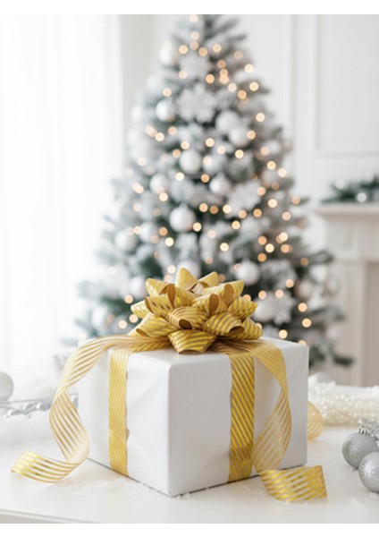 Hediye Paketleme Seti Kağıt Fiyonk ve Kurdele Kraft-Altın Çizgili 2'li