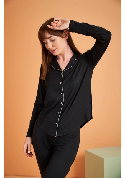 Pjs 28049 Kadın Uzun Kol Önü Düğmeli Pijama Takım