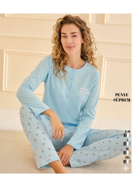 Kadın Mavi Pamuklu Üç Düğmeli Pijama Takımı Weekend Desenli Ev Giyim