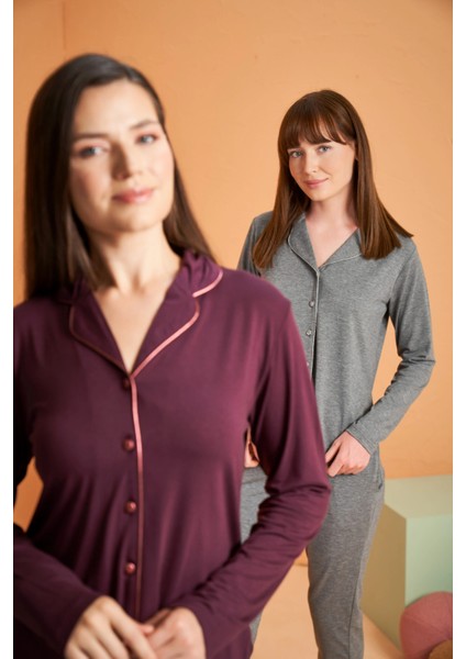 Pjs 28049 Kadın Uzun Kol Önü Düğmeli Pijama Takım
