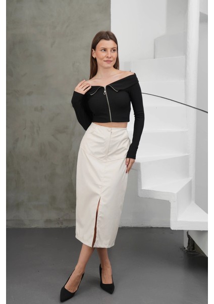 Yırtmaçlı Uzun Deri Etek Krem indirimleri