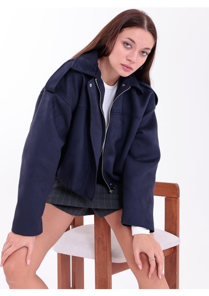Oversıze Lacivert Süet Bomber Ceket Şık