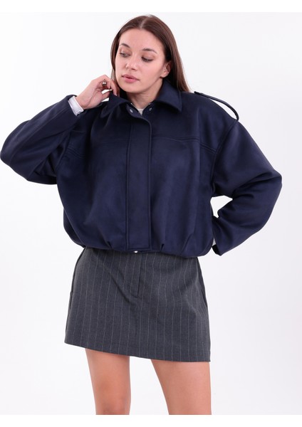 Oversıze Lacivert Süet Bomber Ceket Şık