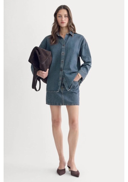 Oversize Gömlek & Mini Etek Ikili Denim Takım - Modern Kesim Ikili Kot Takım (Gömlek-Etek).