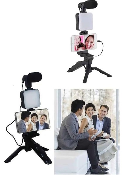 Telefon Tutucu LED Işıklı Kumandalı Mikrofon Telefon Vlog Video Kayıt - MK001R-4OAM55 modelleri