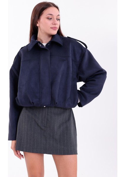 Oversıze Lacivert Süet Bomber Ceket Şık