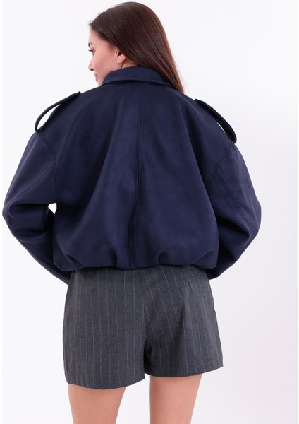 Oversıze Lacivert Süet Bomber Ceket Şık