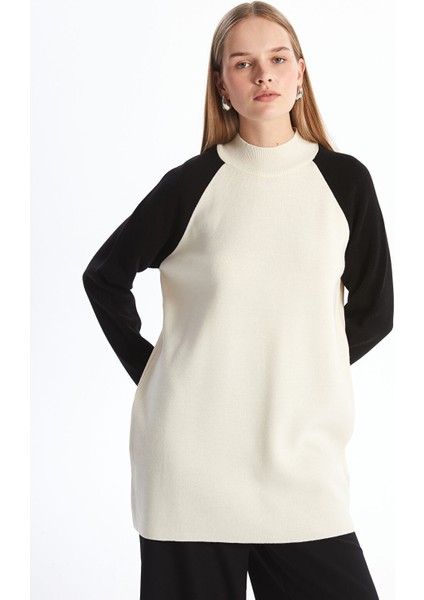 Yeni Sezon Dik Yaka Renk Bloklu Kadın Triko Tunik