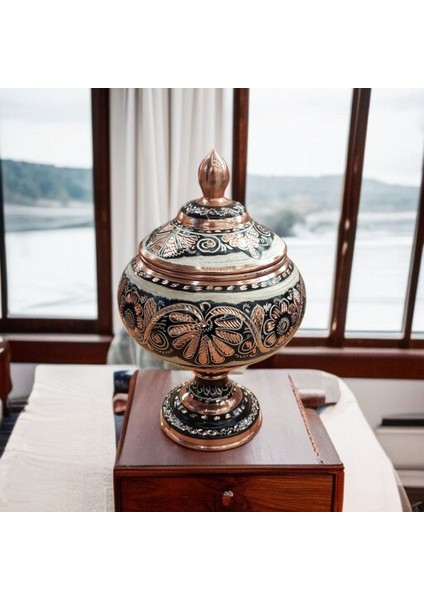 Bakır Şekerlik 22*10 cm Saf Bakır Şekerlik Siyah El Işlemeli Bakır Çikolatalık Erzurum Bakır Gondol