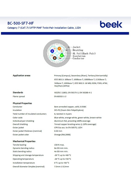 Cat7 - 150 Metre Saf Bakır S/ftp Iç Mekan Data KABLOSUAWG23 Lsoh 1200 Mhz Turuncu fırsatları