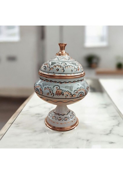 Bakır Şekerlik 19*10 cm Saf Bakır Şekerlik Beyaz El Işlemeli Bakır Çikolatalık Erzurum Bakır Gondol