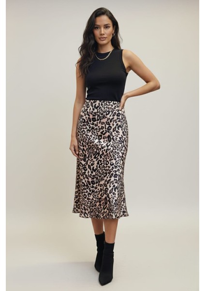 Kadın Leopar Desenli Midi Boy Saten Etek