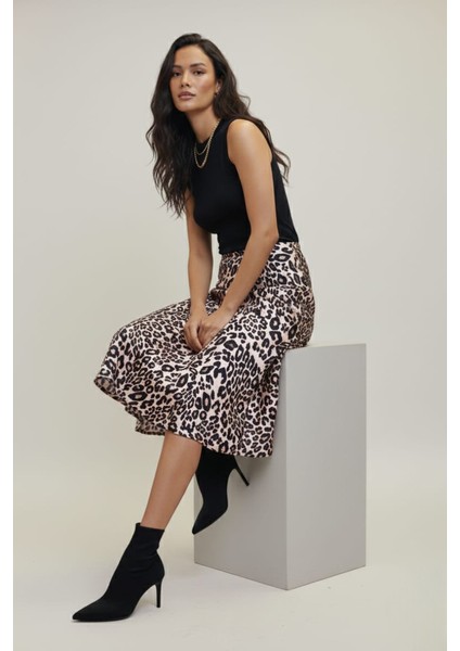 Kadın Leopar Desenli Midi Boy Saten Etek modelleri