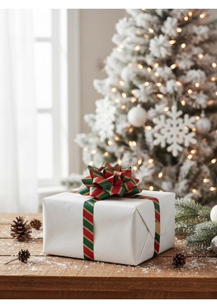 Hediye Paketleme Seti Kağıt Fiyonk ve Kurdele Kırmızı-Yeşil çizgili 2'li