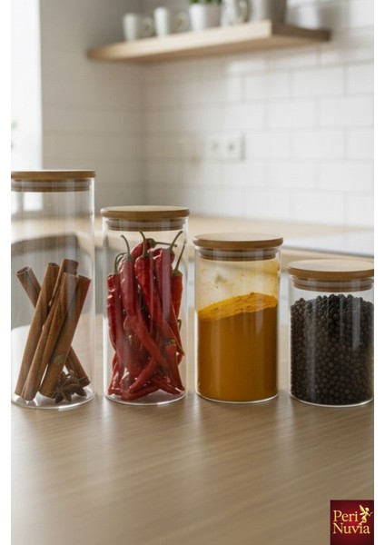 Borosilikat Cam 4’lü Baharat Kavanozu Seti – Bambu Kapaklı, Sızdırmaz, Şık Tasarım