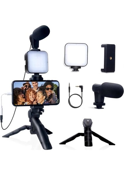Akıllı Telefon Vlog Kiti Tripod Mini Mikrofonlu Telefon Tutucu - MK001R-4OAM44 indirimleri