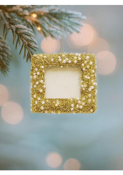 Yılbaşı Ağaç Süsü İnci ve Altın Boncuklu Fotoğraf Çerçevesi Asılabilir Dekoratif Süs 12 cm