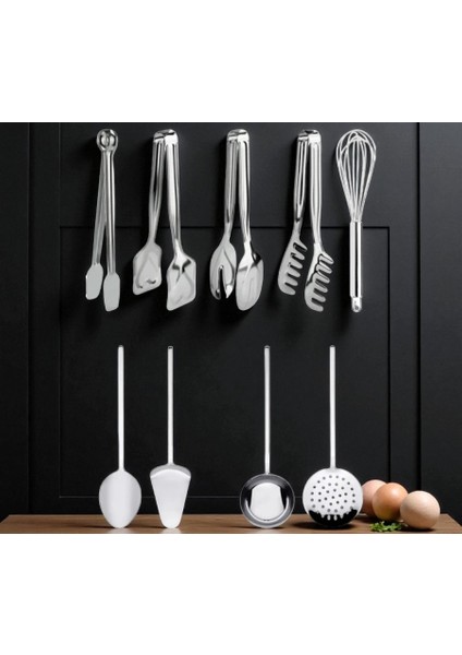 9 Parça Mutfak Çeyiz Için Servis, Pasta, Makarna, Salata Maşası Kepçe, Kevgir, Kaşık, Spatula Seti